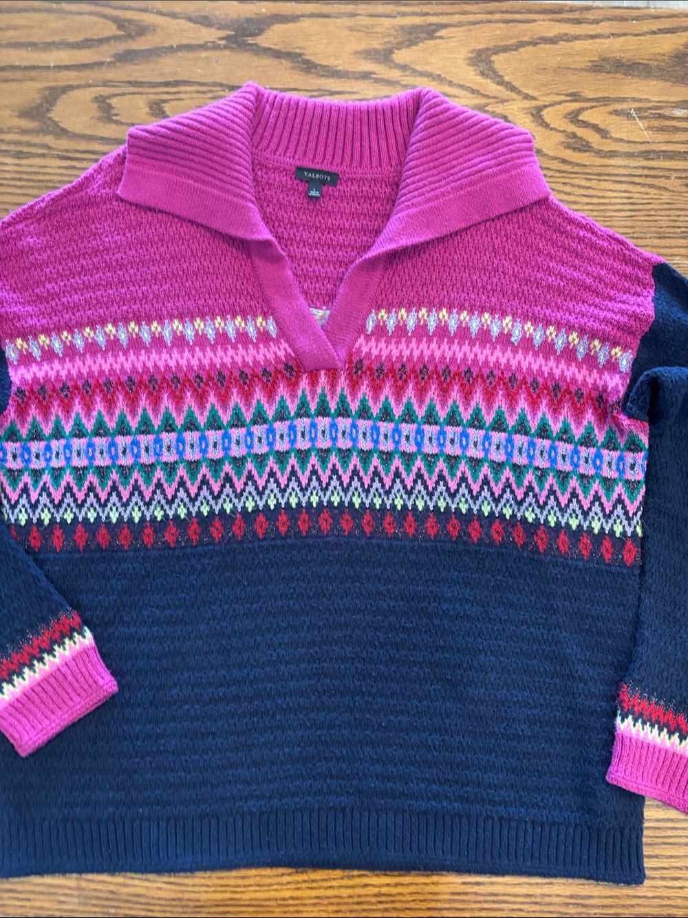 Women’s Talbots Large Chevron Fair Isle V‑Neck Sweater in Hot Pink and Navy - Picture 4 of 5